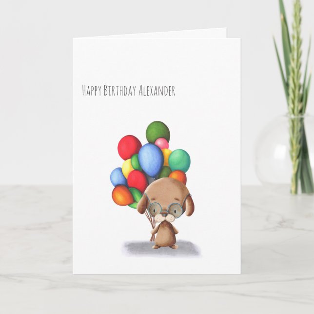 Minimalist Dog with Balloons Personalised Birthday Card (Front)