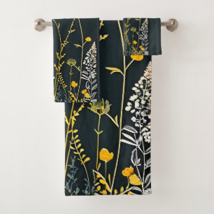 Minimalist Drawing of Yellow and White Flowers Bath Towel Set