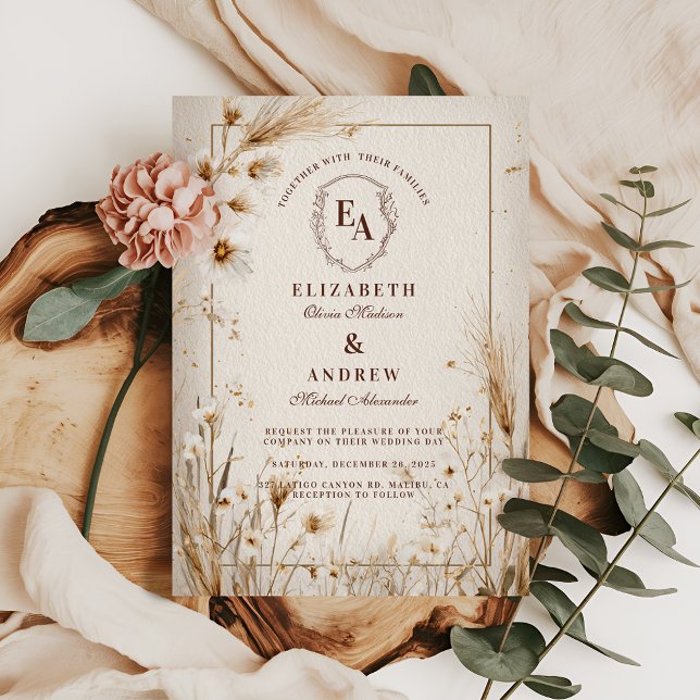 Minimalist Dried Floral Neutral Rustic Wedding Invitation (Creator Uploaded)