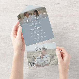 Minimalist Dusty Blue 2 Photo QR Code RSVP Wedding All In One Invitation