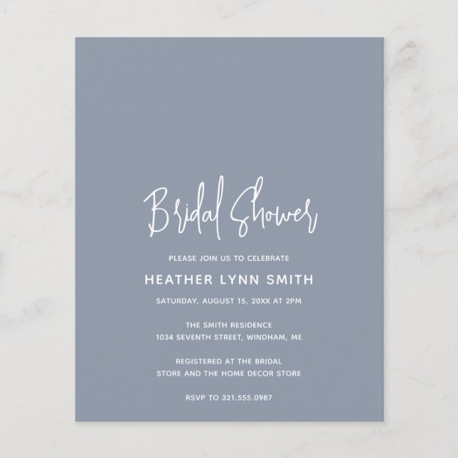Minimalist Dusty Blue Budget Bridal Shower Invite (Front)