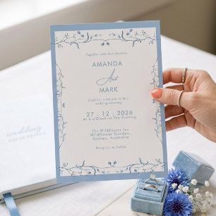 Minimalist Dusty Blue Chinoiserie Floral Wedding Invitation