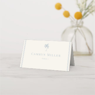 Minimalist Dusty Blue Coastal Palm Tree Wedding Place Card