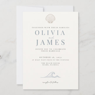 Minimalist Dusty Blue Coastal Seashell Wedding Invitation