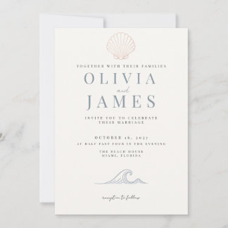 Minimalist Dusty Blue Coastal Seashell Wedding Invitation