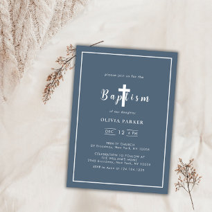 Minimalist Dusty Blue Cross Boy Baptism Invitation
