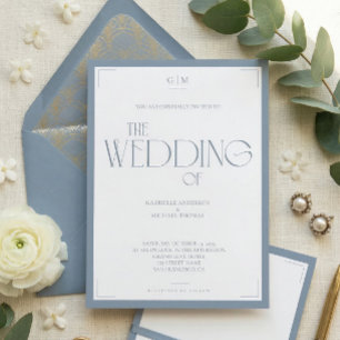 Minimalist Dusty Blue Elegant Monogram Wedding Invitation