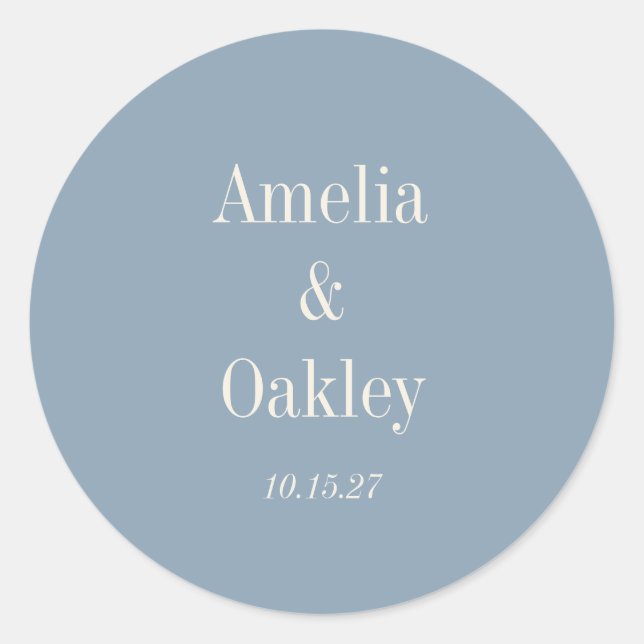 Minimalist Dusty Blue Elegant Wedding Custom Classic Round Sticker (Front)