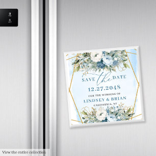 Minimalist Dusty Blue Floral Gold Save the Date Magnet