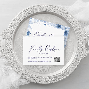 Minimalist Dusty Blue Floral RSVP Card – QR Code