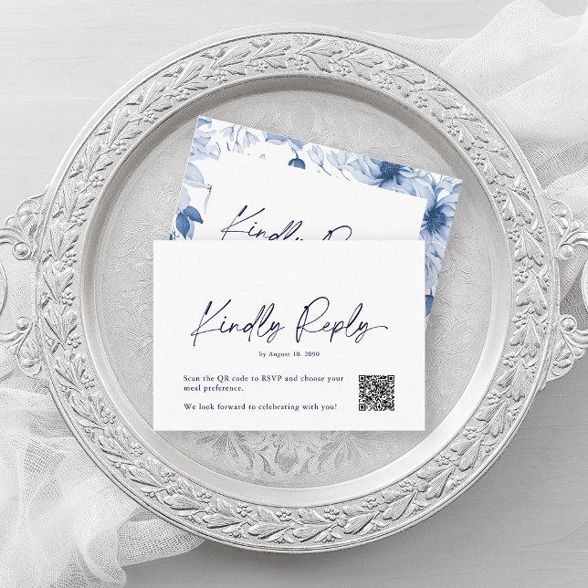 Minimalist Dusty Blue Floral RSVP Card – QR Code (Creator Uploaded)