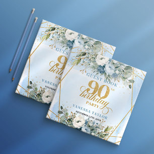 Minimalist Dusty Blue Floral Script 90th Birthday  Guest Book