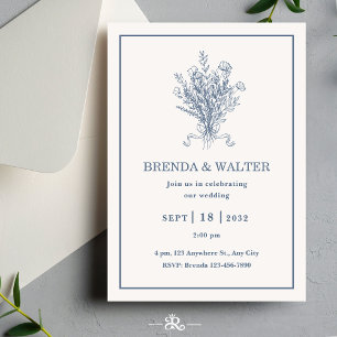 Minimalist Dusty Blue Floral Sketch Wedding  Invitation