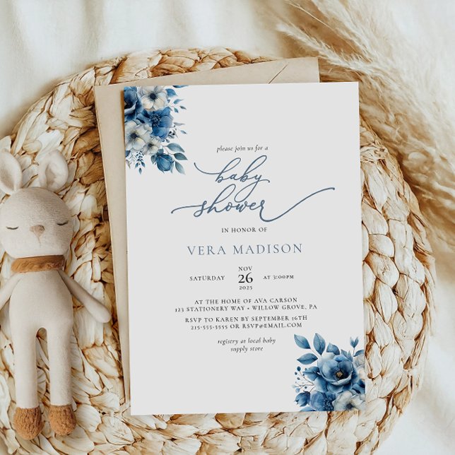 Minimalist Dusty Blue Floral Winter Baby Shower Invitation (Creator Uploaded)