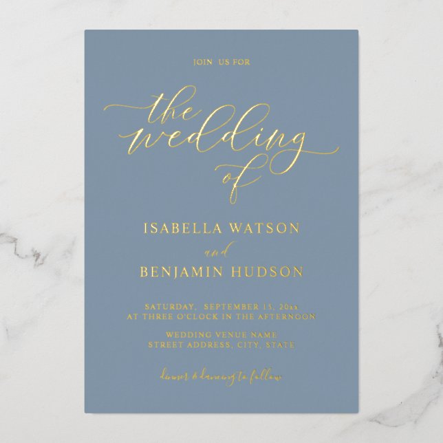 Minimalist Dusty Blue Gold Calligraphy Wedding (Front)