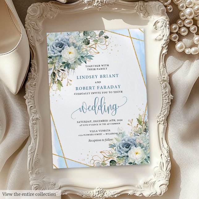 Minimalist Dusty Blue Gold Flowers Wedding Invite (Minimalist Dusty Blue Gold Flowers Wedding Invite)
