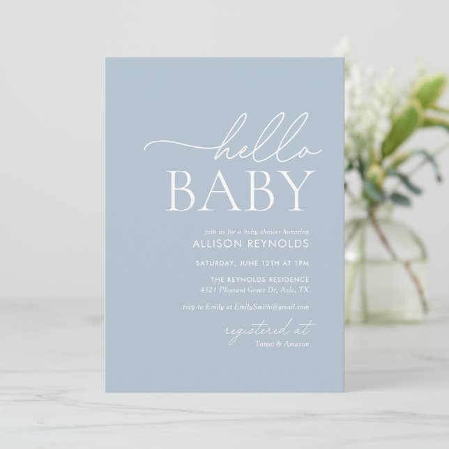 Minimalist Dusty Blue Hello Baby Shower Invitation (Standing Front)
