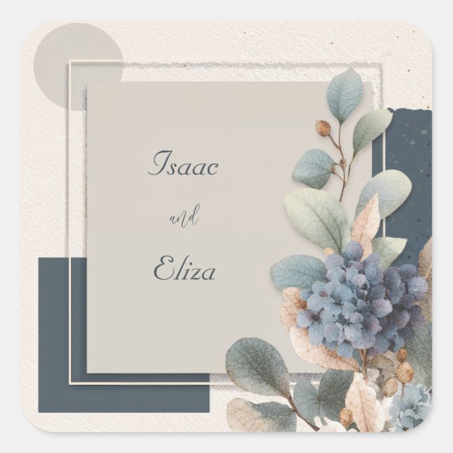 Minimalist Dusty Blue Hydrangea Taupe Geometric Square Sticker (Front)