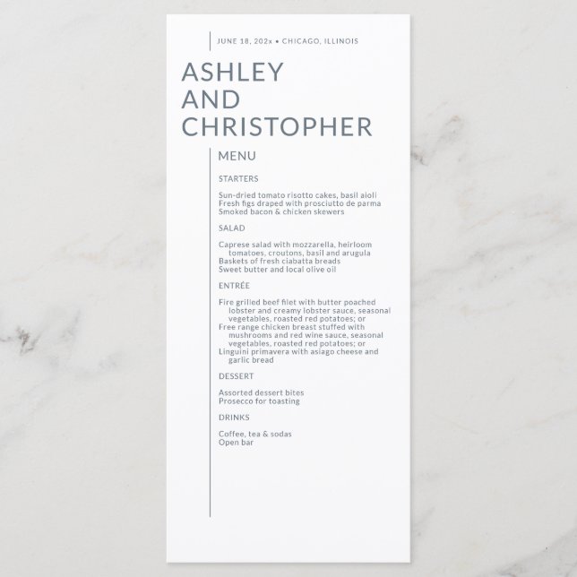 Minimalist Dusty Blue Isolated Names Wedding Menu (Front)