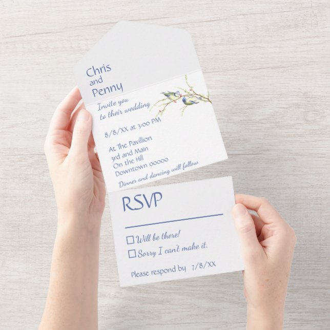 Minimalist Dusty Blue Jay Love Birds Wedding  All In One Invitation (Tearaway)
