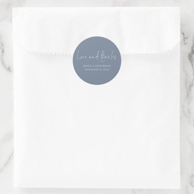 Minimalist Dusty Blue Love Thanks Names Wedding Classic Round Sticker (Bag)