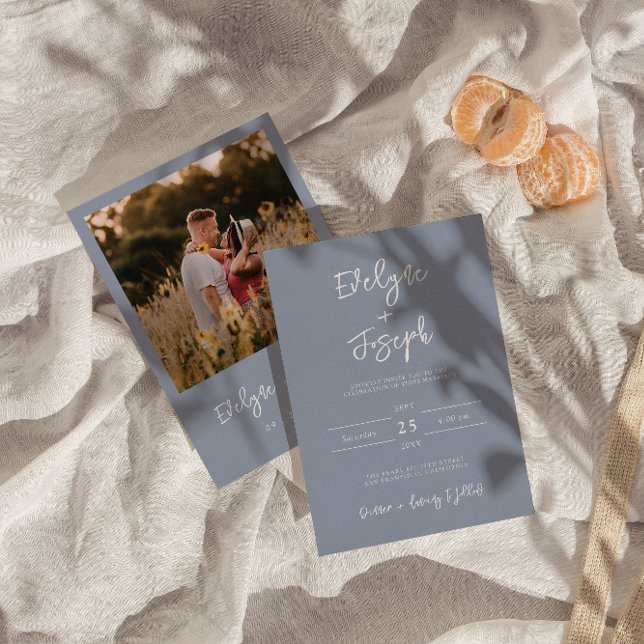 Minimalist Dusty Blue Modern Photo Boho Wedding Invitation (Creator Uploaded)