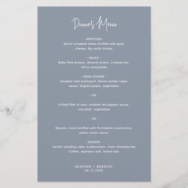 Minimalist Dusty Blue Modern Wedding Menu (Front)