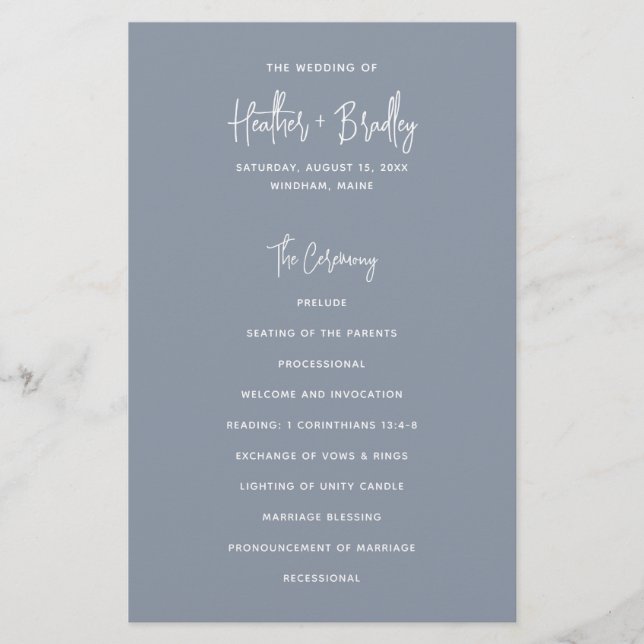 Minimalist Dusty Blue Modern Wedding Program (Front)