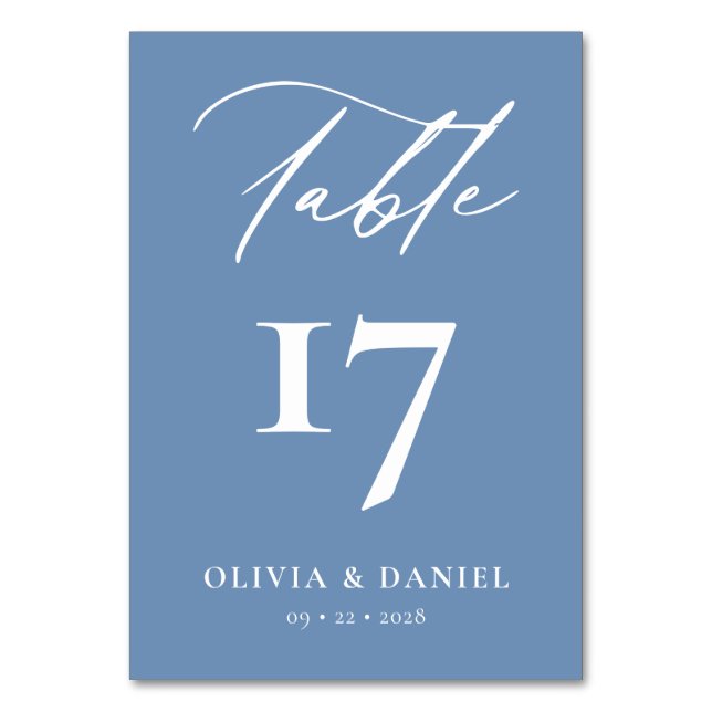 Minimalist Dusty Blue Modern Wedding Table Number (Front)