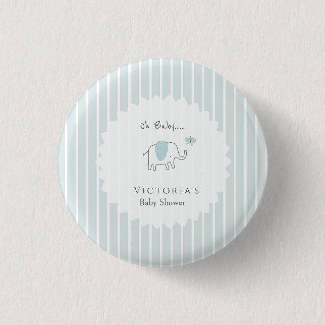 Minimalist Dusty Blue Oh Baby Elephant Baby Shower 3 Cm Round Badge (Front)