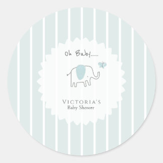 Minimalist Dusty Blue Oh Baby Elephant Baby Shower Classic Round Sticker