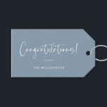 Minimalist Dusty Blue Personalised Congratulations Gift Tags<br><div class="desc">A sophisticated and timeless gift tag featuring a dusty blue background with elegant script and modern typography in white. Perfect for adding a personalised touch to wedding gifts,  baby showers,  graduations,  or any celebratory occasion. Customise with your family name or message for a stylish and thoughtful finishing touch.</div>