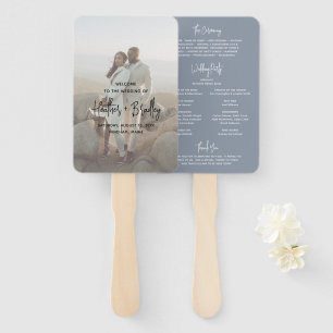 Minimalist Dusty Blue Photo Modern Wedding Program Hand Fan
