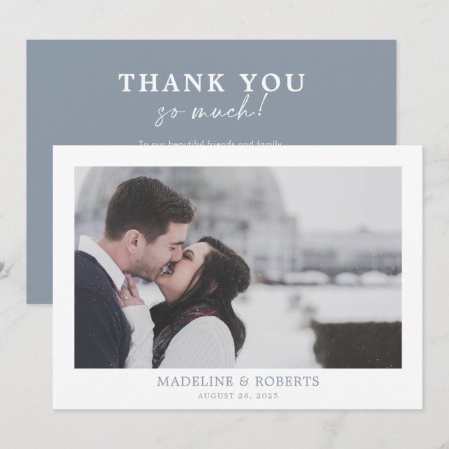Minimalist Dusty Blue Photo Wedding Thank you card (Front/Back)