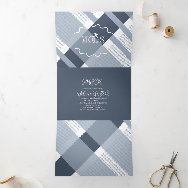 Minimalist Dusty Blue Plaid Ring Logo Wedding Tri-Fold Invitation (Inside)