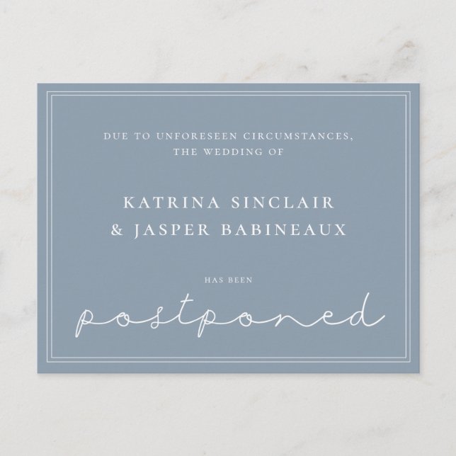 Minimalist Dusty Blue Postponed Wedding Announcement Postcard (Front)