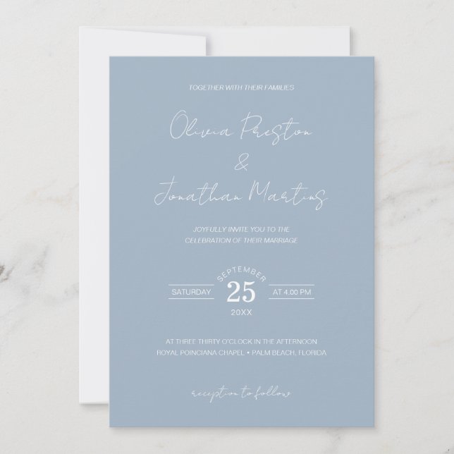 Minimalist Dusty Blue QR Code RSVP Wedding Invitation (Front)