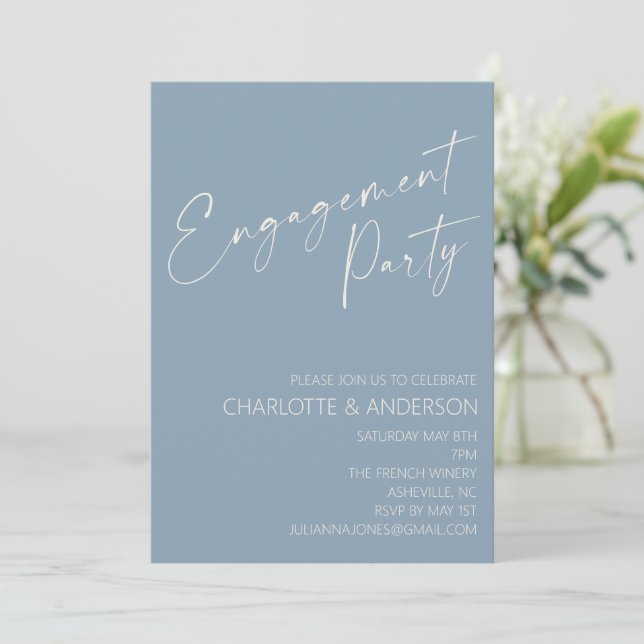 Minimalist Dusty Blue Script Engagement Party Invitation (Standing Front)