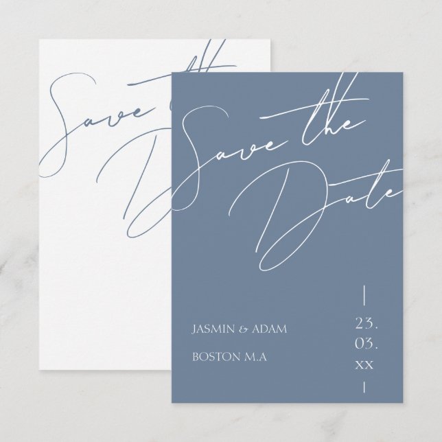 Minimalist Dusty Blue Script Typography Wedding Save The Date (Front/Back)