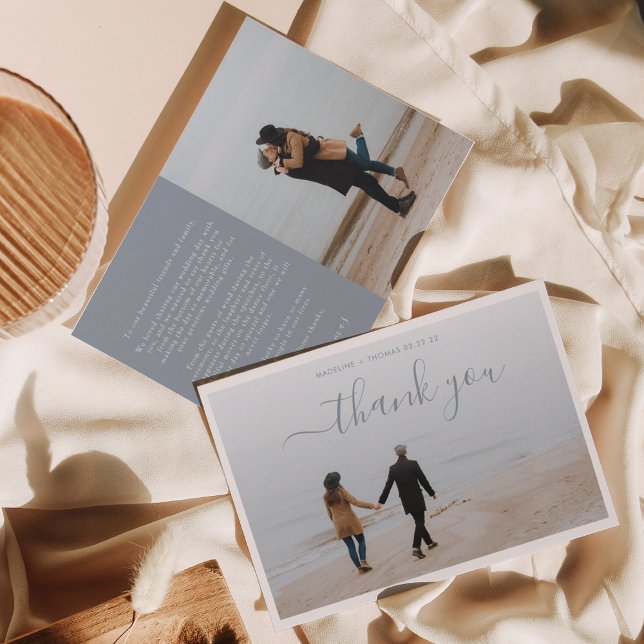 Minimalist Dusty Blue Script with 2 photo wedding Thank You Card (Creator Uploaded)