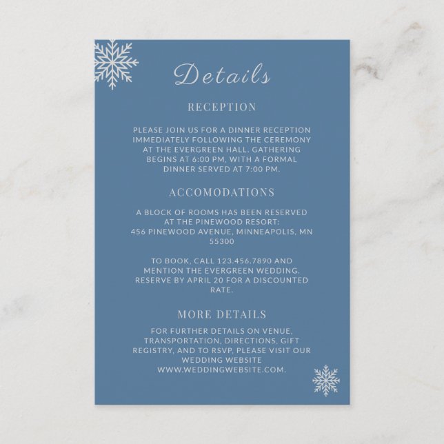 Minimalist Dusty Blue Silver Winter Wedding Detail Enclosure Card (Front)