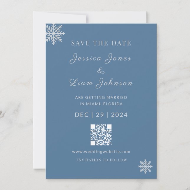 Minimalist Dusty Blue Silver Winter WeddingQR Code Save The Date (Front)