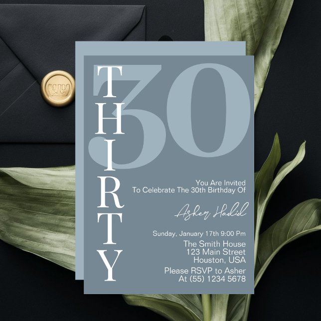 Minimalist Dusty Blue Thirty 30th Birthday Party Invitation (Creator Uploaded)