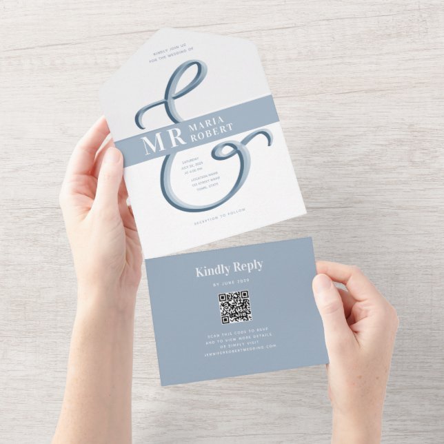 Minimalist Dusty Blue Wedding All In One Invitation (Tearaway)