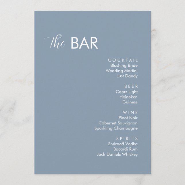 Minimalist Dusty Blue Wedding Drinks Bar Menu (Front)
