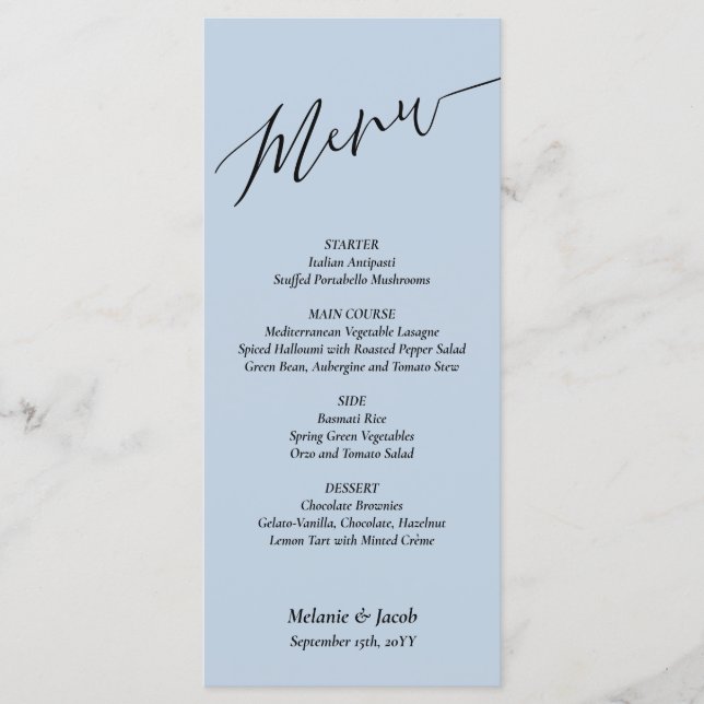 Minimalist Dusty Blue Wedding Flat Menu Card (Front)