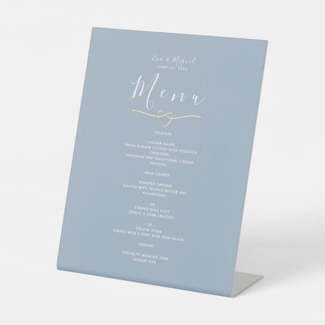 Minimalist Dusty Blue Wedding Menu  Pedestal Sign (Front)