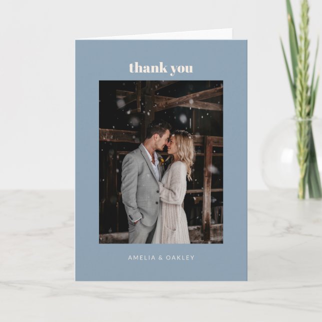 Minimalist Dusty Blue Wedding Photo Folded Thank You Card (Front)