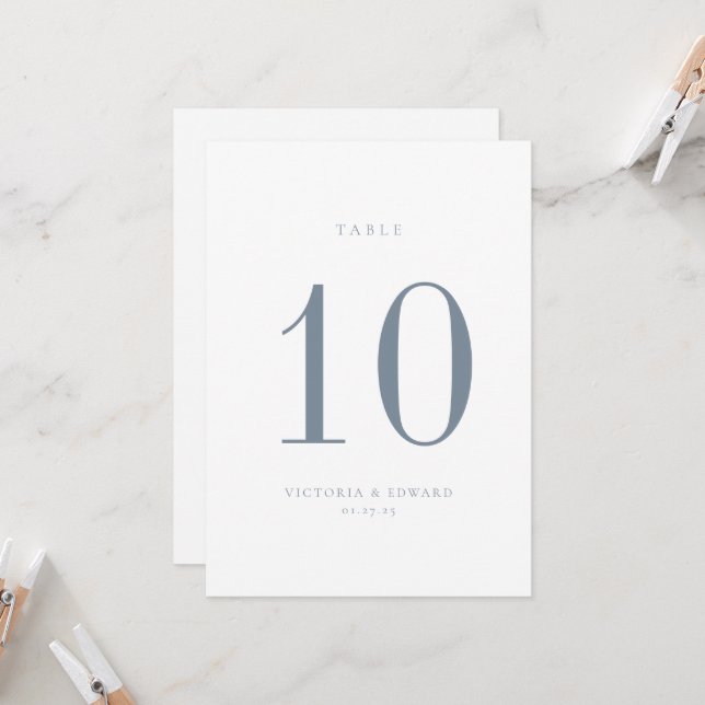 Minimalist Dusty Blue Wedding Table Number Card (Front/Back In Situ)