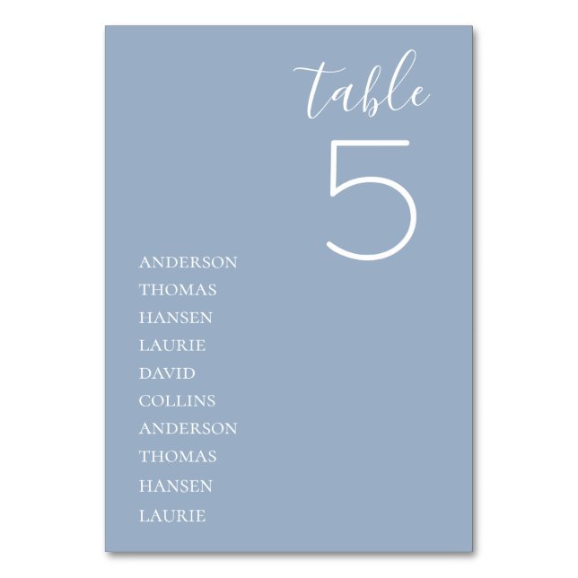 Minimalist Dusty Blue Wedding Table Table Number (Front)